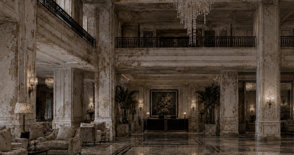 A darker moodier version of the same lobby showing contrast